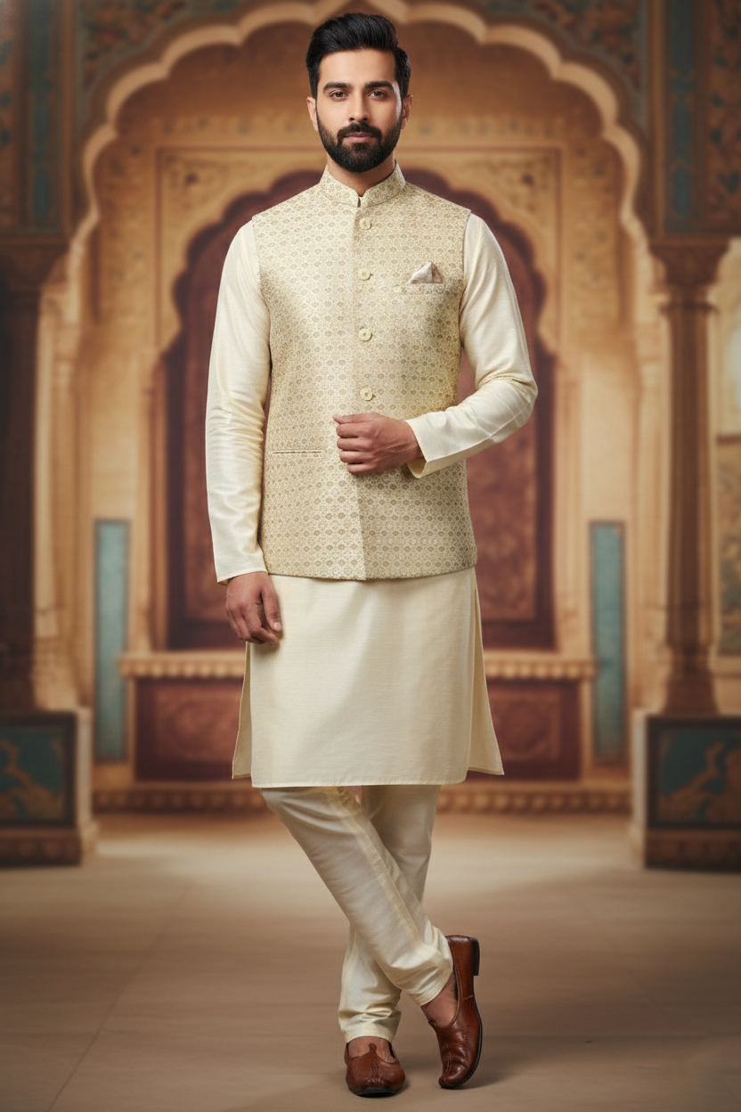 Beige Patterned Nehru Jacket with Pocket Square &  Cream Kurta Set