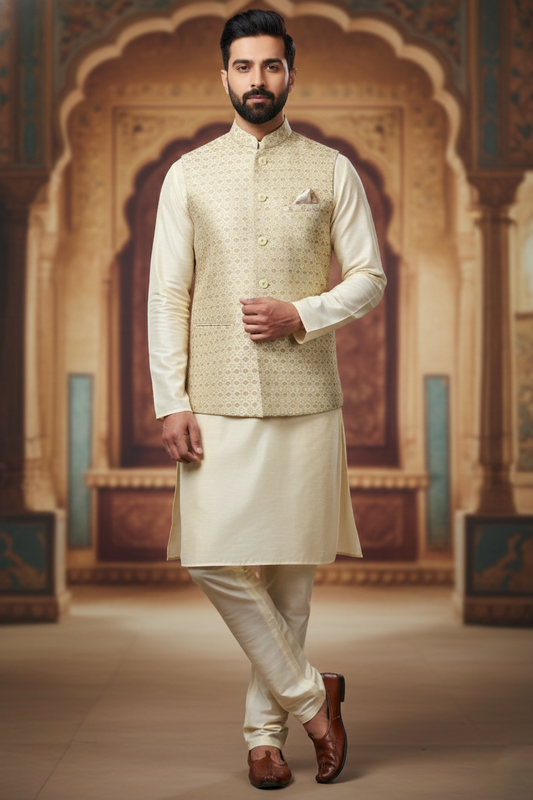 Beige Patterned Nehru Jacket with Pocket Square &  Cream Kurta Set