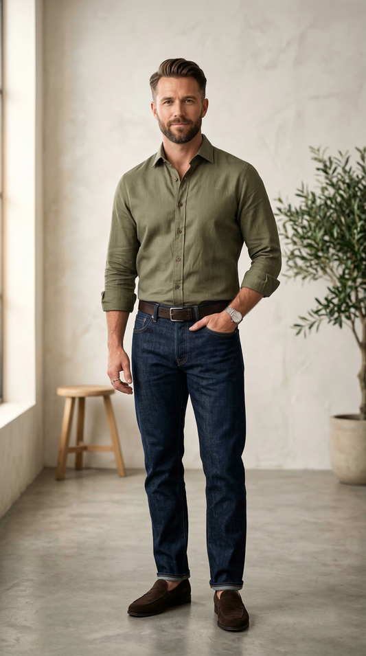 Men'sPremium Linen-Blend Button-Down Shirt in Olive Drab