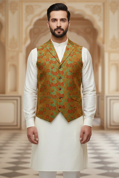 Men’s Brown Floral Designer Waistcoat | Red & Green Flower Work Slim Fit Vest