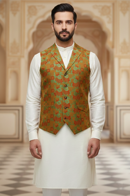 Men’s Brown Floral Designer Waistcoat | Red & Green Flower Work Slim Fit Vest