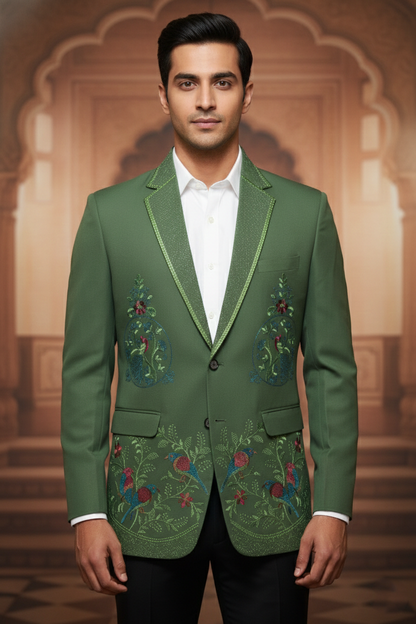 Men'sGreen Bird Embroidered Blazer