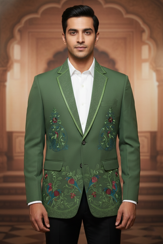 Men'sGreen Bird Embroidered Blazer