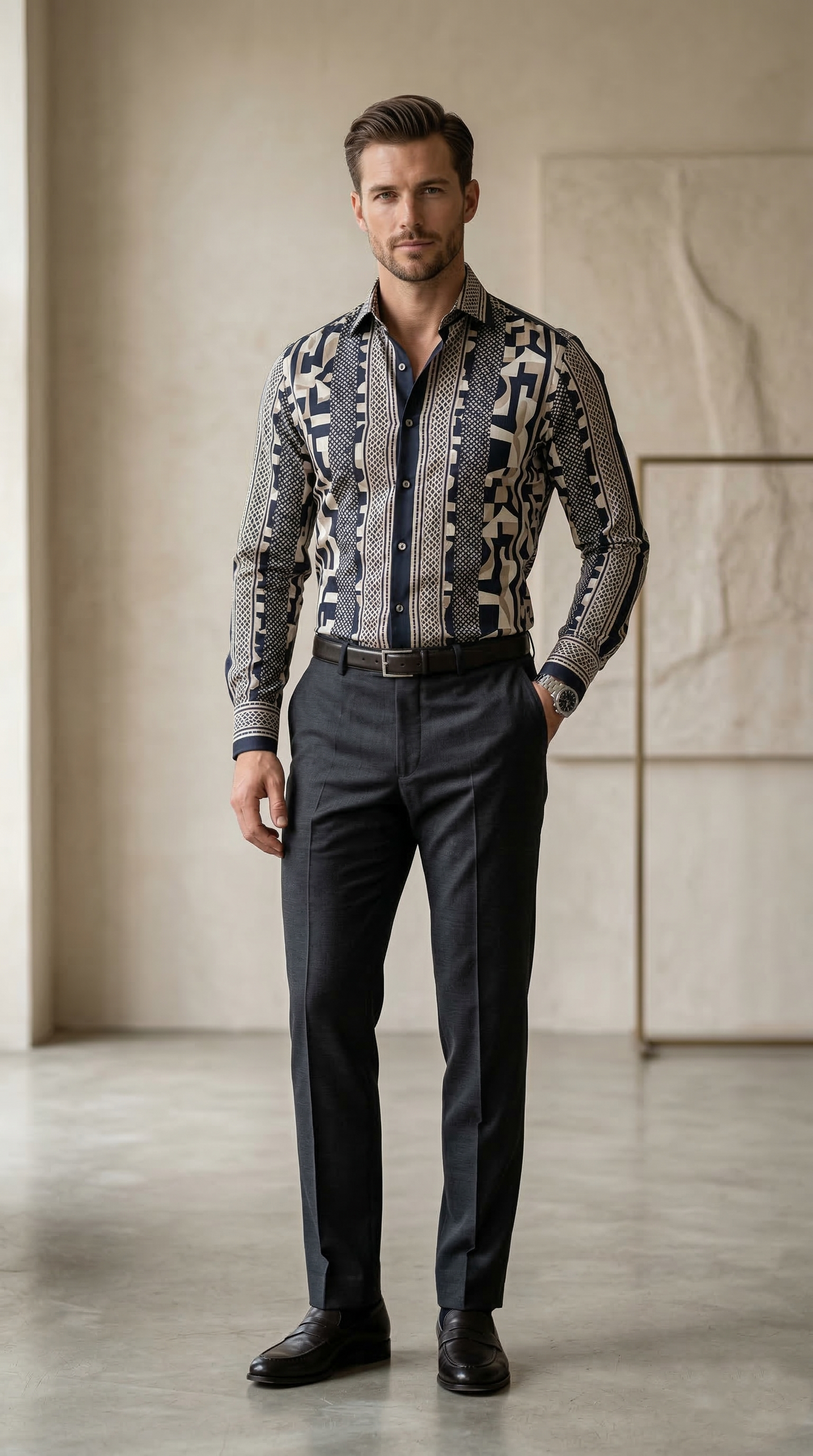 Men'sSlim-Fit Mosaic Geometric Print Silk-Blend Shirt