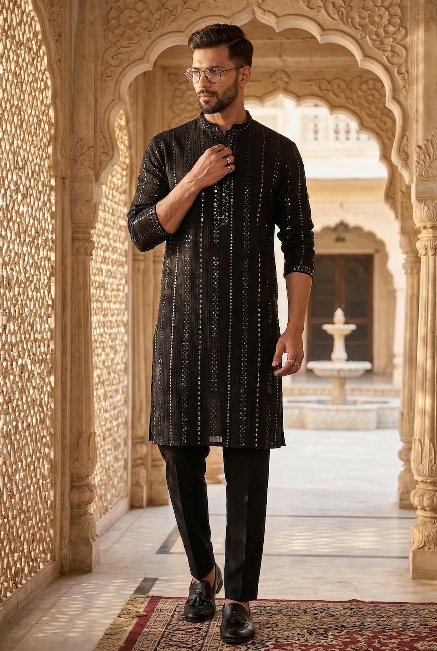 Men'sMidnight Black Sequin Partywear Kurta Pajama
