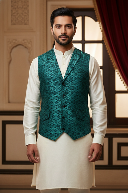 Men's Teal Blue Geometric Jacquard Nehru Jacket – Premium Silk Blend Ethnic Waistcoat with Modern Notched Lapel