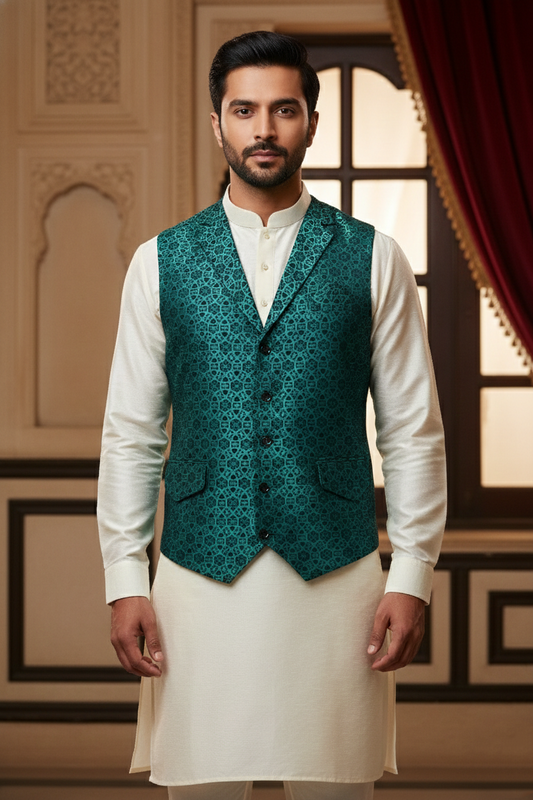 Men's Teal Blue Geometric Jacquard Nehru Jacket – Premium Silk Blend Ethnic Waistcoat with Modern Notched Lapel