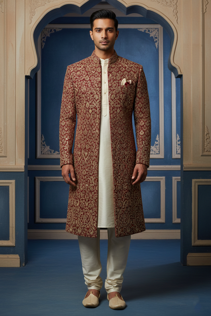 Red & Gold Floral Sherwani