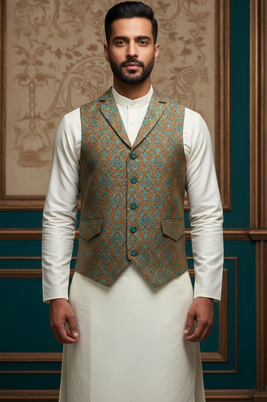 Men’s Royal Blue Nehru Jacket with Orange Thread Work | Ethnic Festive Waistcoat for Weddings &amp; Parties