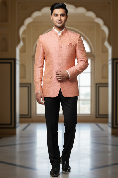 Men's Peach Textured Silk Jodhpuri Blazer