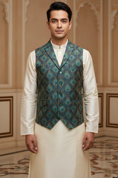 Men’s Navy Blue Nehru Jacket with Light Blue & Orange Thread Work | Festive Ethnic Waistcoat