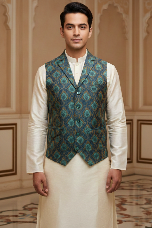 Men’s Navy Blue Nehru Jacket with Light Blue & Orange Thread Work | Festive Ethnic Waistcoat