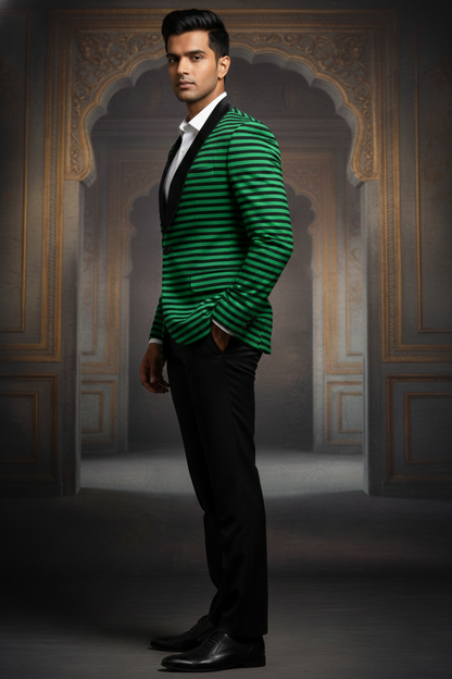 Green & Black Striped Shawl Blazer
