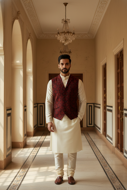 Men's Maroon & Black Jacquard Silk Waistcoat with Notch Lapel