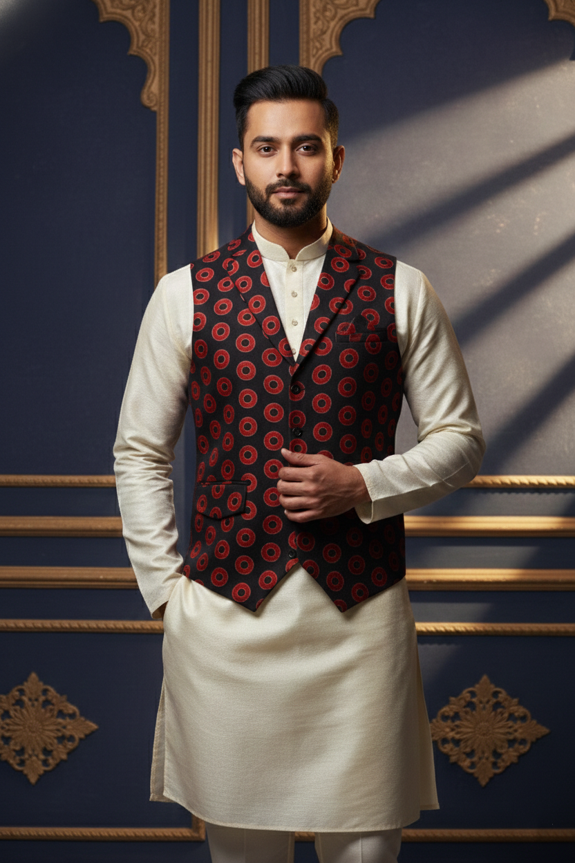 Men’s Slim-Fit Printed Waistcoat – Red & Black Geometric Circle Pattern
