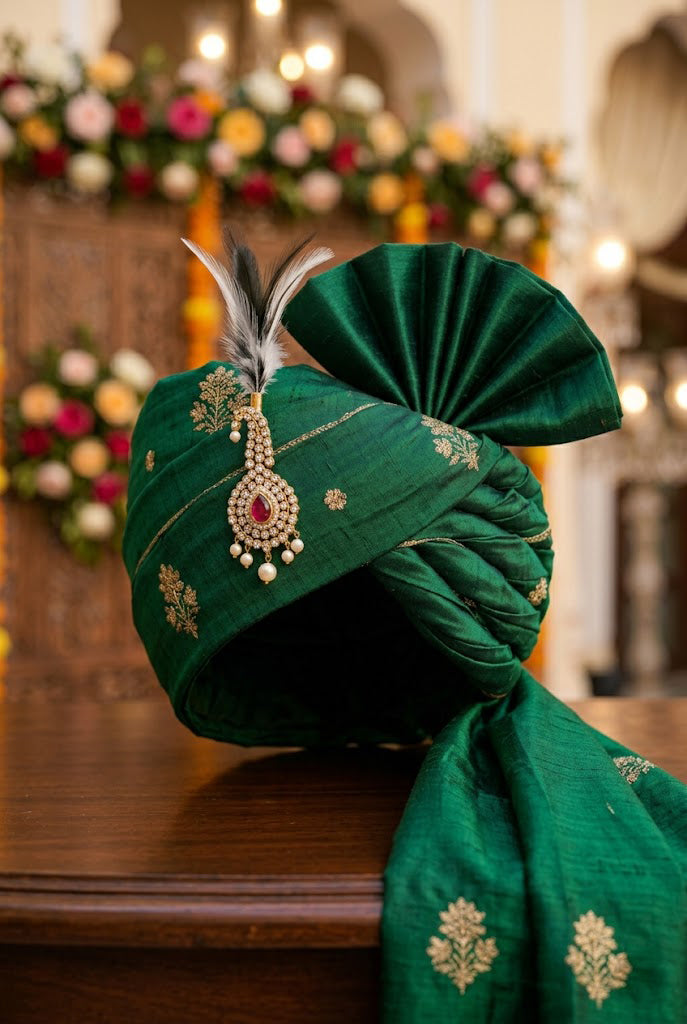 Royal Emerald Green Silk Groom Turban with Gold Booti