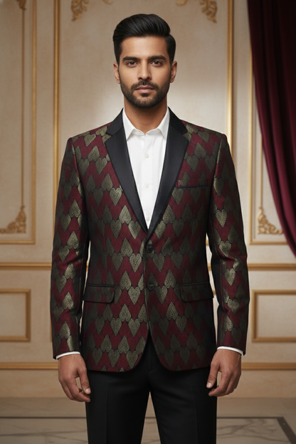 Red & Gold Geometric Pattern Blazer with Satin Lapels