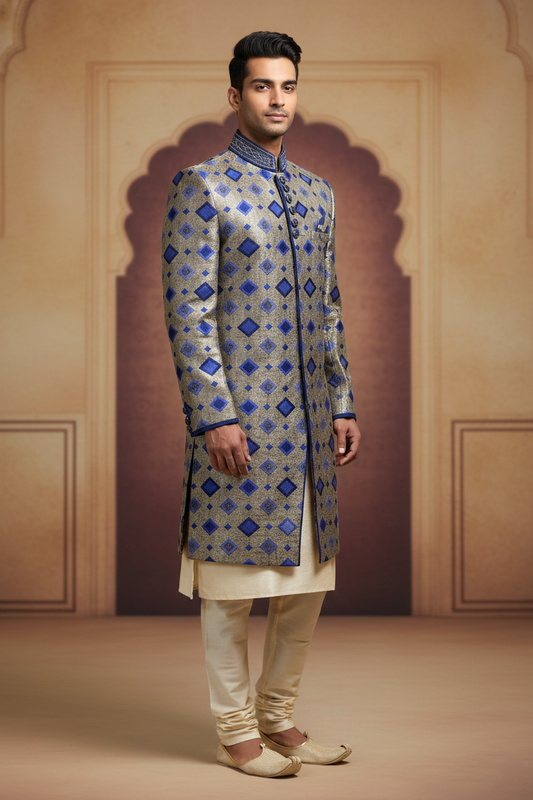 Gold Sherwani with Blue Motifs
