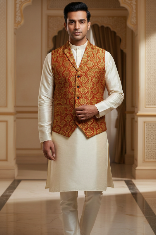 Men’s Red & Yellow Jacquard Silk Waistcoat with Notch Lapel | Slim Fit Festive Vest