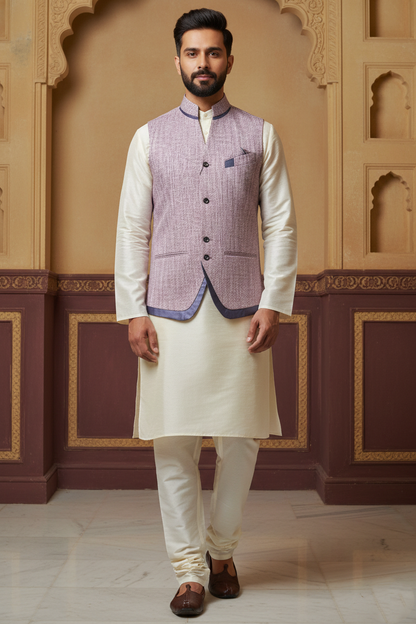 Men's Mauve Textured Nehru Jacket – Designer Curved "U" Cut Ethnic Waistcoat | Slim Fit Modi Jacket for Weddings & Festivals
