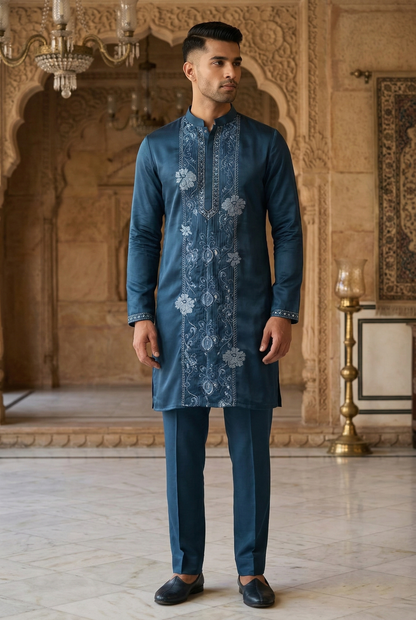 Men's Teal Silk Pintuck Partywear Kurta Pajama