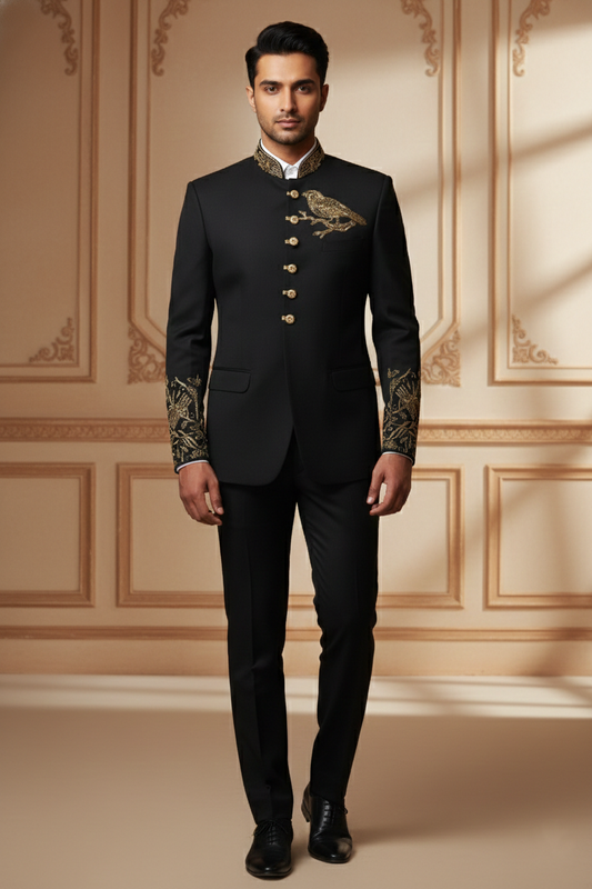 Men'sBlack Embroidered Bandhgala Suit