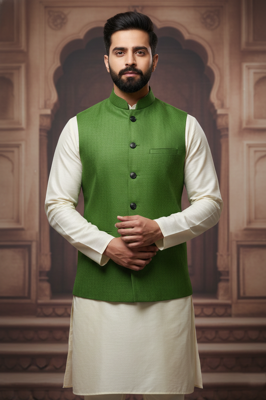 Men’s Dark Green Nehru Jacket with Black Piping | Designer Ethnic Waistcoat