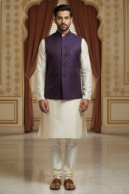 Men’s Purple Dotted Nehru Jacket with Ivory Kurta