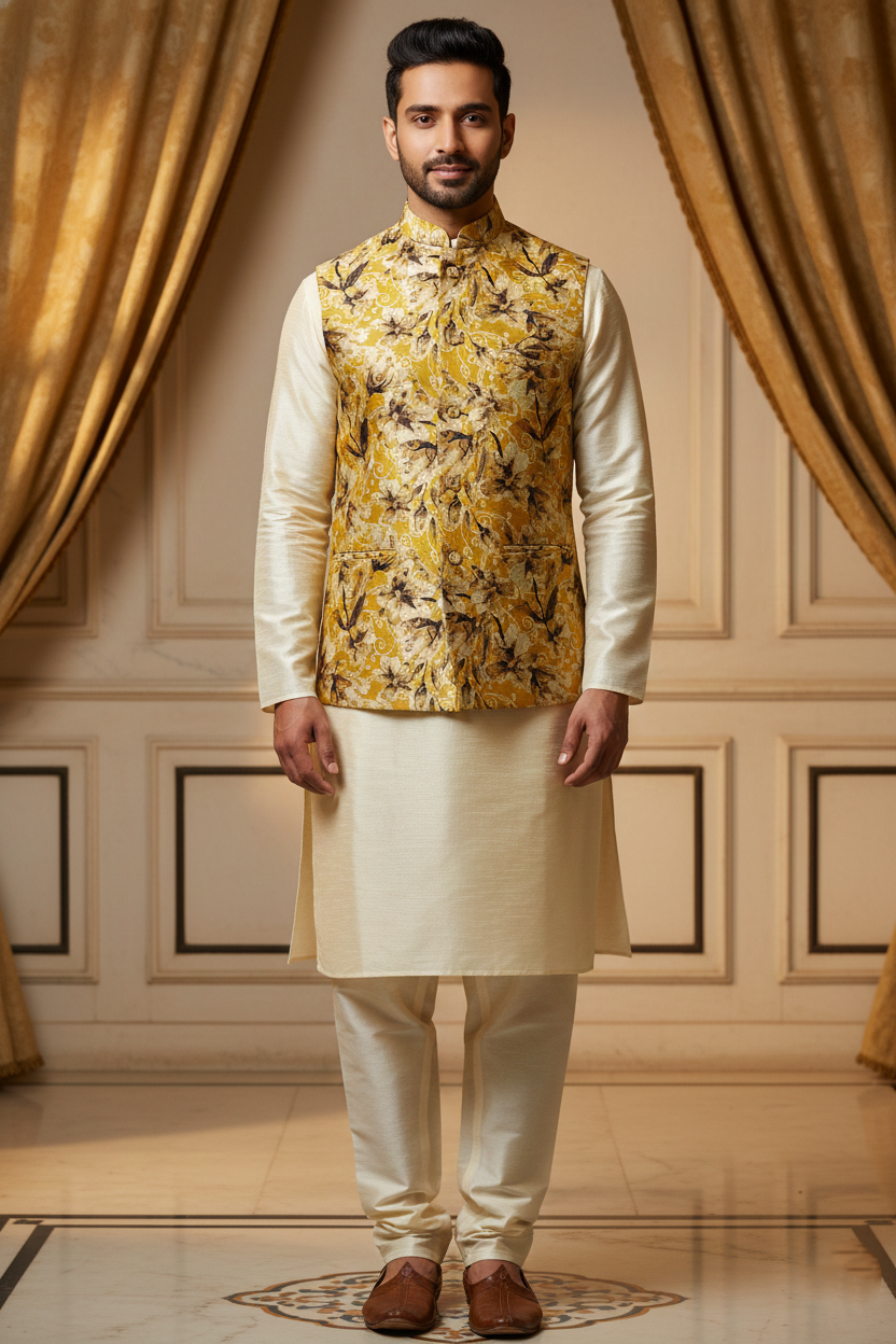Title: Heritage Refined: The Ochre Floral Nehru Ensemble