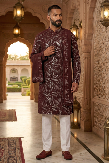 Wine Geometric Foil Print Partywear Kurta Pajama Set