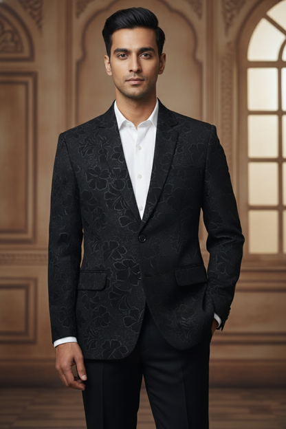 Black Double-Breasted Blazer with Subtle Floral Texture