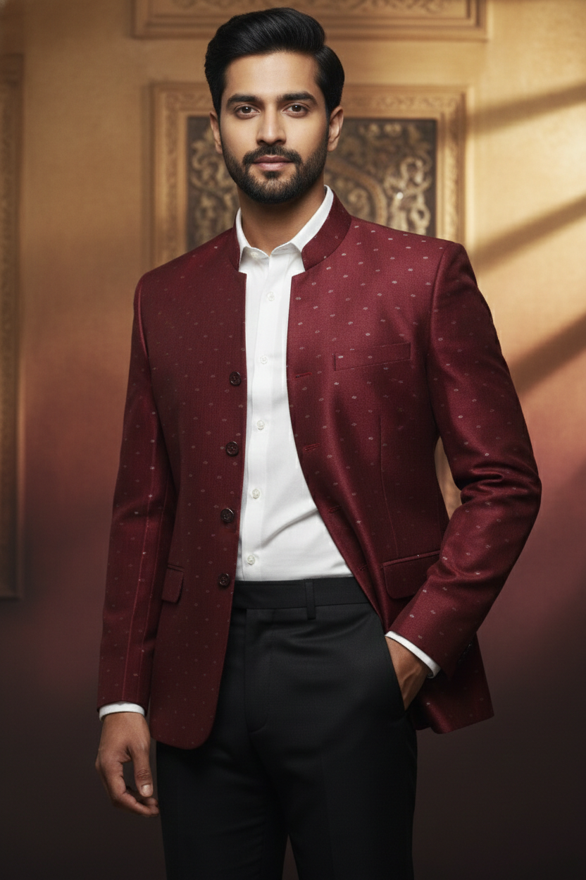 Maroon Mandarin-Collar Formal Jodhapuri with Subtle Dotted Weave