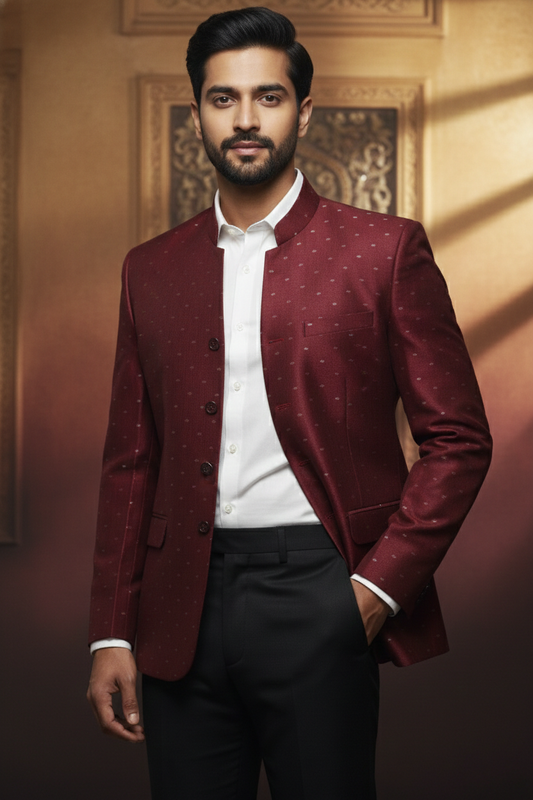 Maroon Mandarin-Collar Formal Jodhapuri with Subtle Dotted Weave