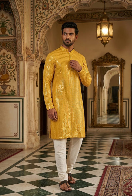Men's Mustard Yellow Sequin Designer Kurta Pajama