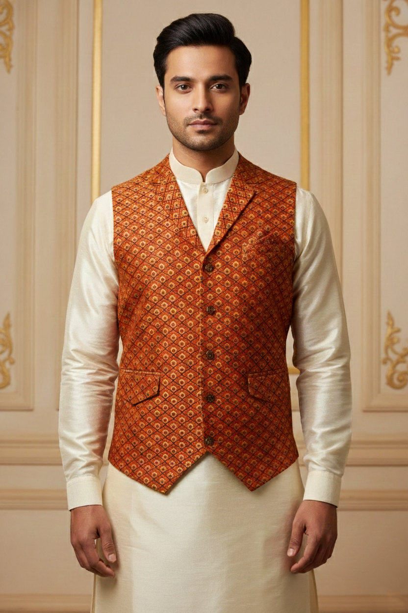 Men’s Red Nehru Jacket with Yellow Dots Work | Festive Ethnic Waistcoat for Weddings & Celebrations