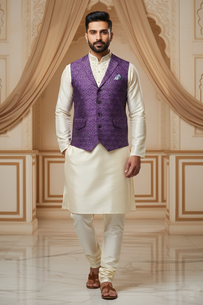 Men's Royal Purple Silk Blend Nehru Jacket – Designer Geometric Printed Waistcoat with Notched Lapel and Pocket Square