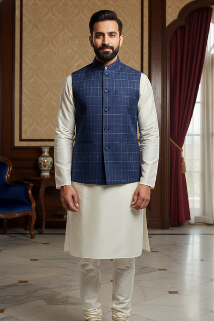 Men’s Blue Nehru Jacket with White Contrast Piping & Pocket Square | Ethnic Waistcoat