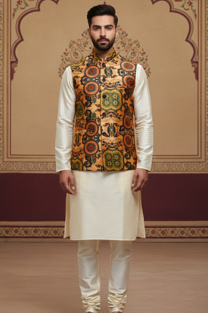 Golden Multicolor Brocade Nehru Jacket with Cream Kurta  Set