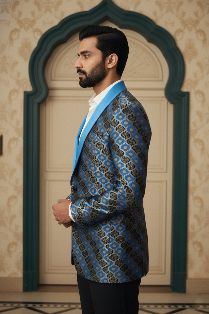 Men'sElectric Blue & Gold Geometric Banarasi Jacquard Tuxedo Blazer , Designer Evening Wear