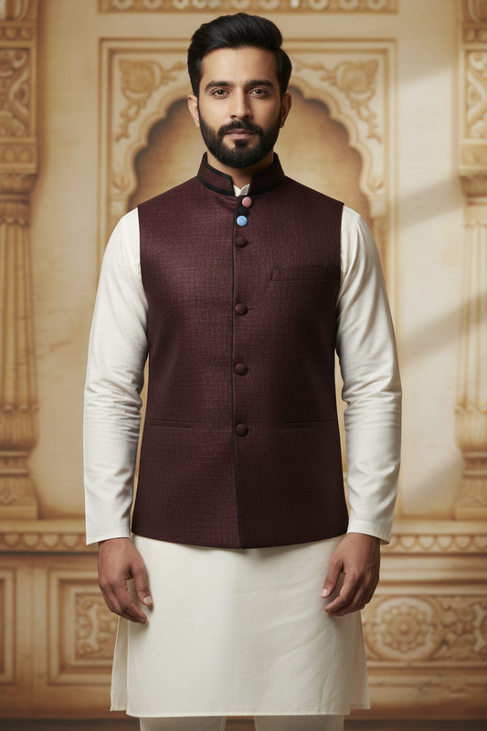 Maroon Nehru Jacket with Cream Kurta Ensemble