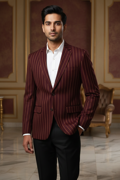 Men'sPremium Maroon Vertical Pinstripe Jacquard Blazer