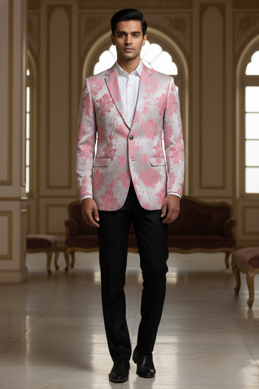 Light Pink Floral Blazer with Notched Lapel & Two-Button Closure