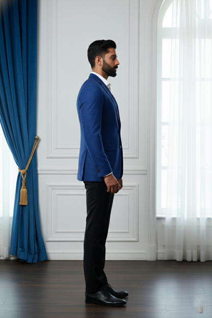 Men's Royal Blue Slim Fit Checked Blazer