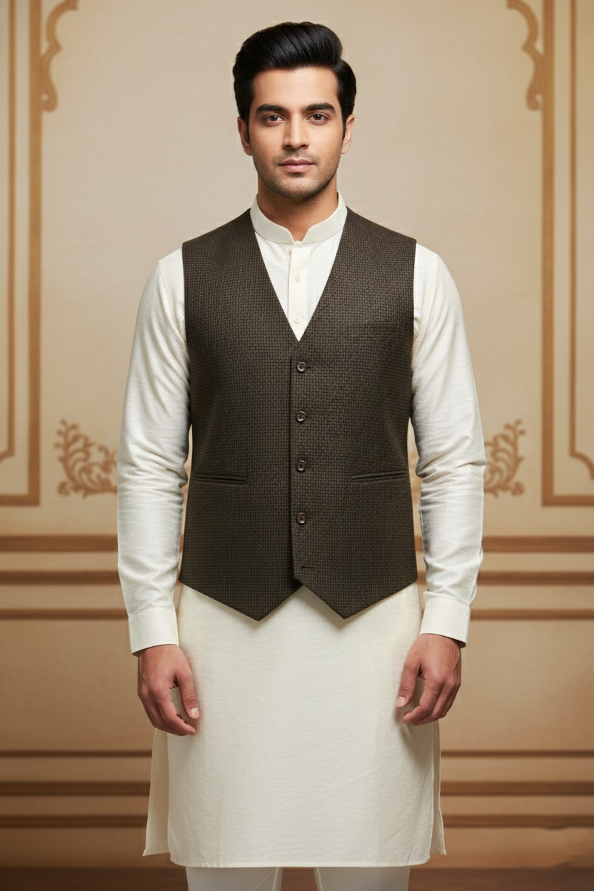 Men’s Brown Checkered Formal Waistcoat | Slim Fit Classic Vest