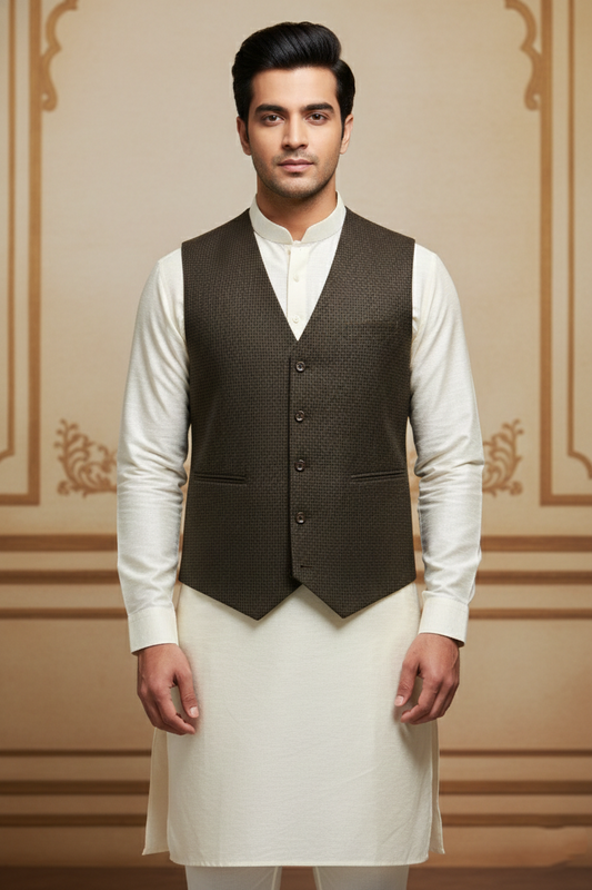 Men’s Brown Checkered Formal Waistcoat | Slim Fit Classic Vest