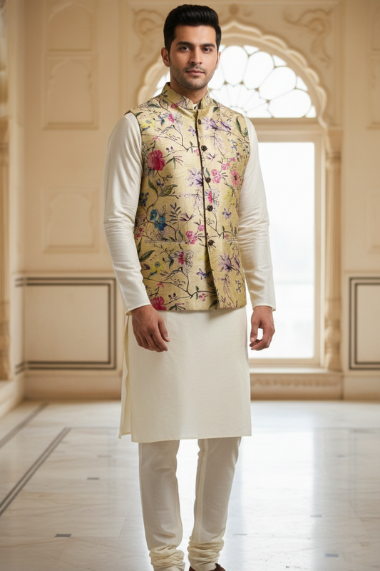 Men’s Pale Gold Floral Print Festive Nehru Jacket
