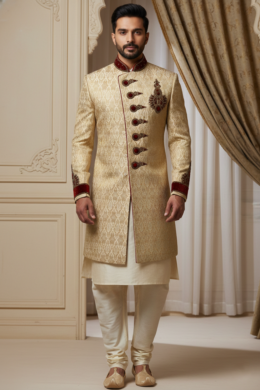 Regal Cream Sherwani with Velvet Accents