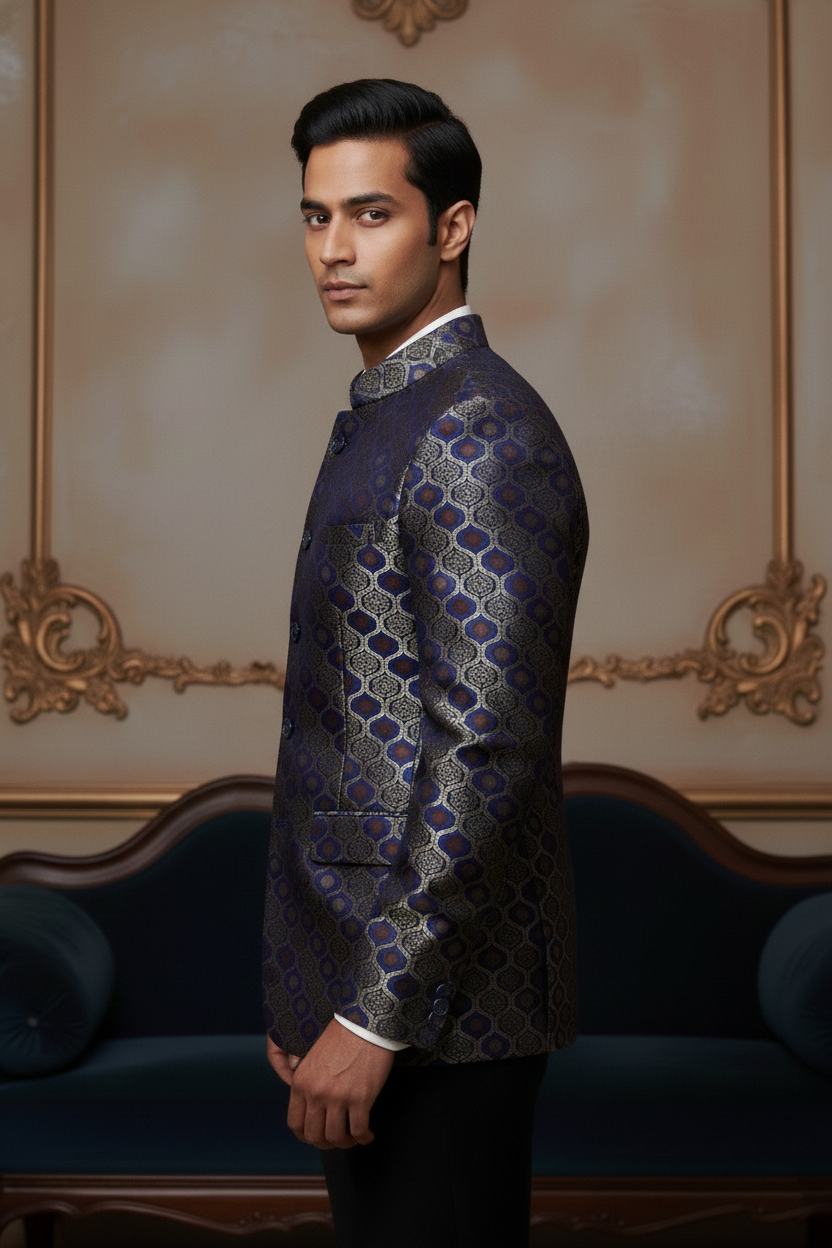 Men'sRoyal Blue & Gold Banarasi Brocade Jodhpuri Blazer , Luxury Ethnic Evening Wear
