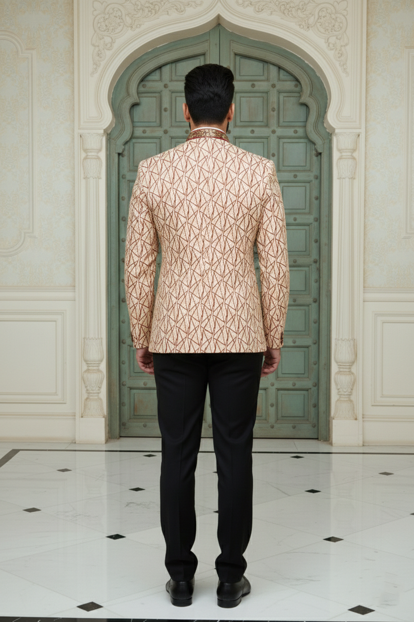 Men'sCream & Rust Geometric Print Bandhgala Jodhpuri Blazer