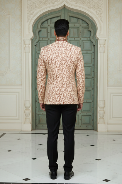 Men'sCream & Rust Geometric Print Bandhgala Jodhpuri Blazer